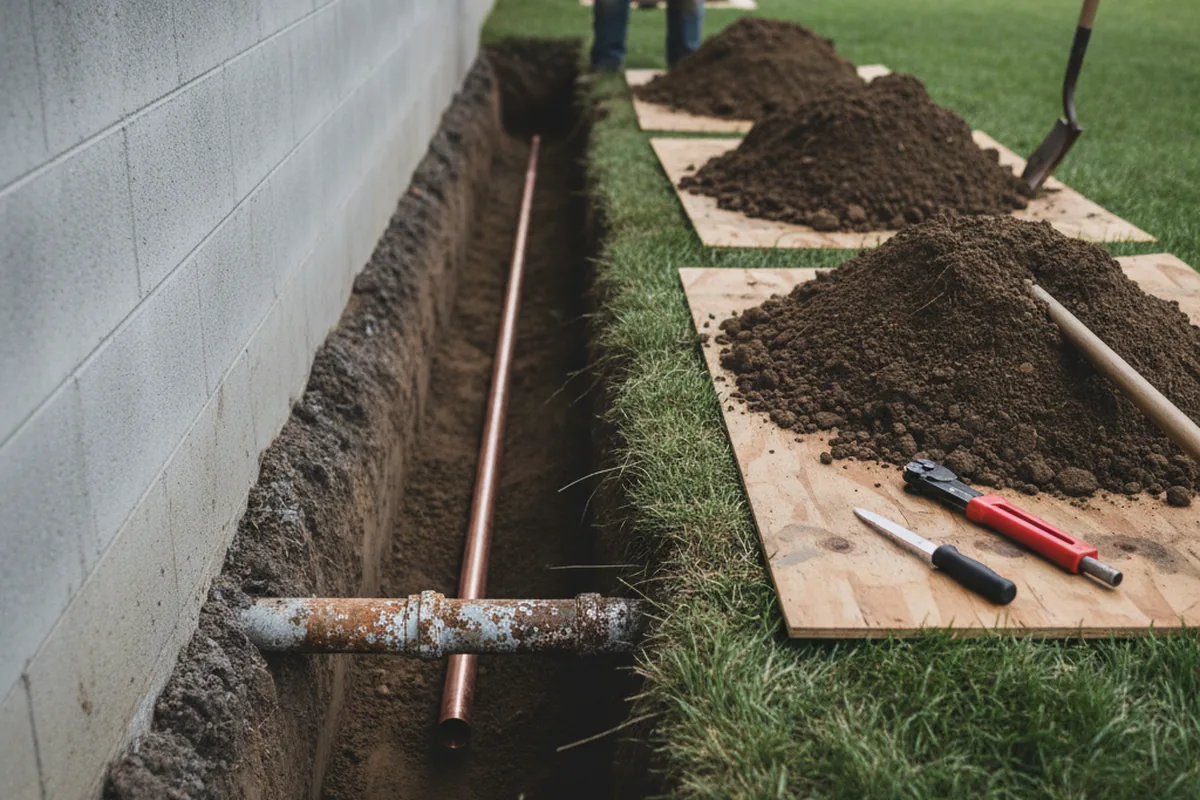 Excavated water line trench during Water Heater Repair in Folsom
